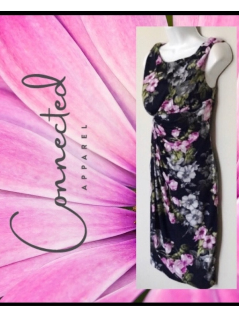 Connected Apparel Navy Floral Sleeveless Midi Dress with Pink Blooms